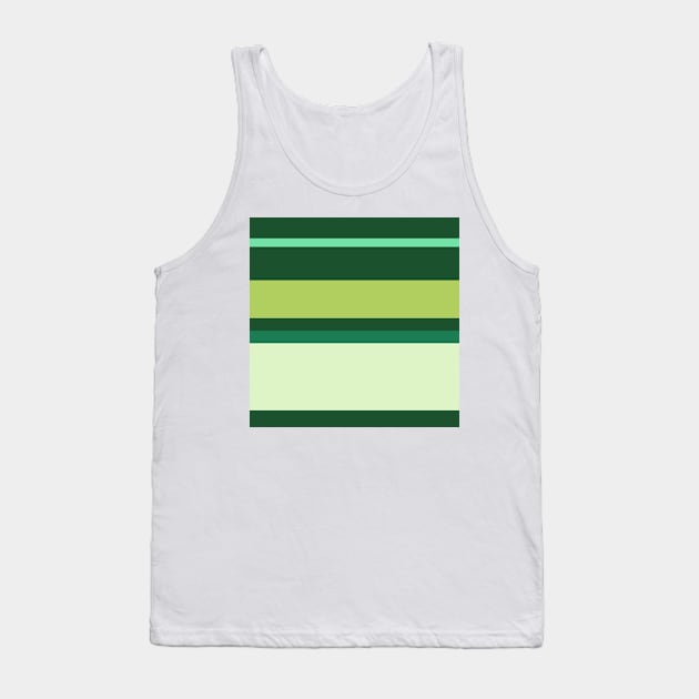 A capital commixture of Dark Sea Green, Seafoam Blue, Tea Green, Cal Poly Pomona Green and Light Olive stripes. Tank Top by Sociable Stripes